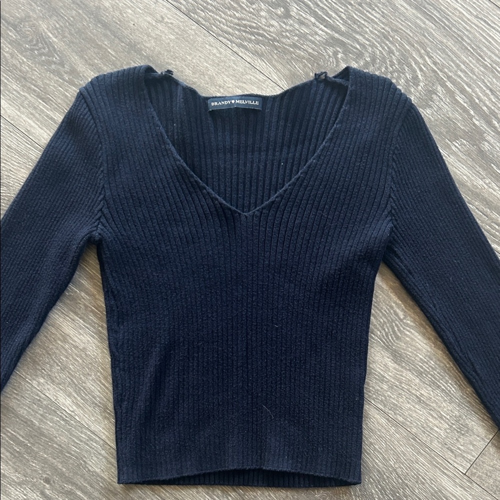 Brandy Melville Navy Blue Ribbed V-Neck Long Sleeve Top